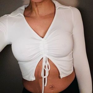 Elodie white long sleeve collared center cinched tie crop top